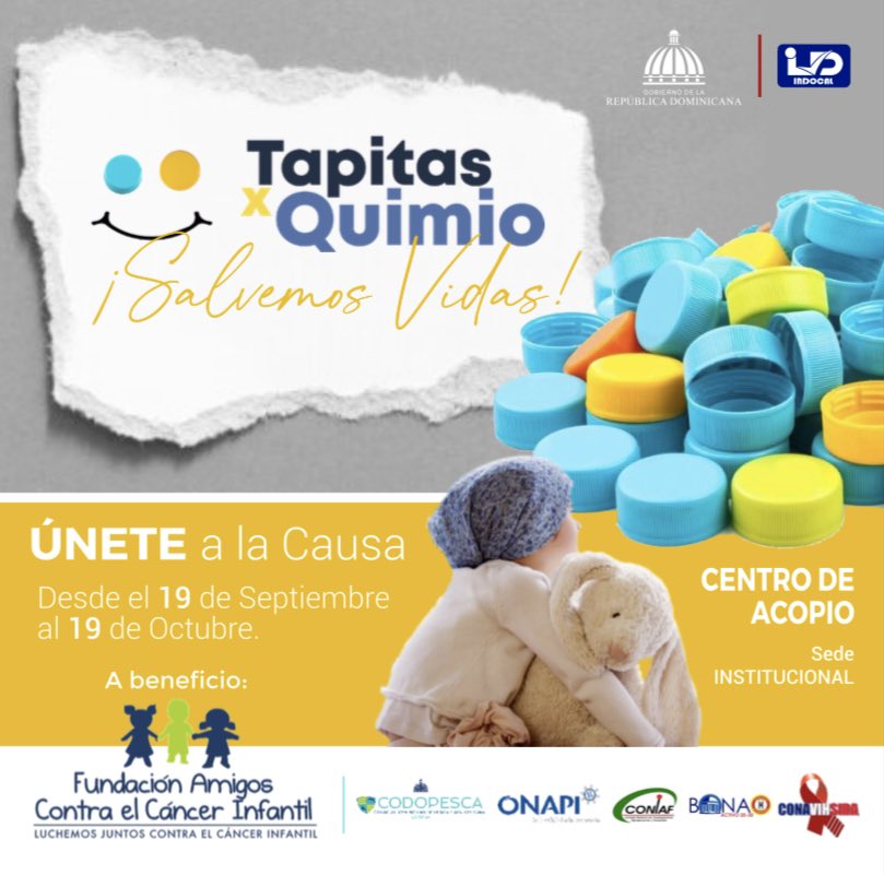 OnapiRD's tweet photo. ¡Únete y salvemos vidas!
Te invitamos a ser parte de esta campaña. Ven a nuestras oficinas y deposita las tapitas de todos los tamaños pero que sean plásticas.
 
Cuando vayas a consumir tu próxima bebida, guarda la tapita y tráela con nosotros. 
#TapitasPorQuimioRD https://t.co/Kw01bdW8jt