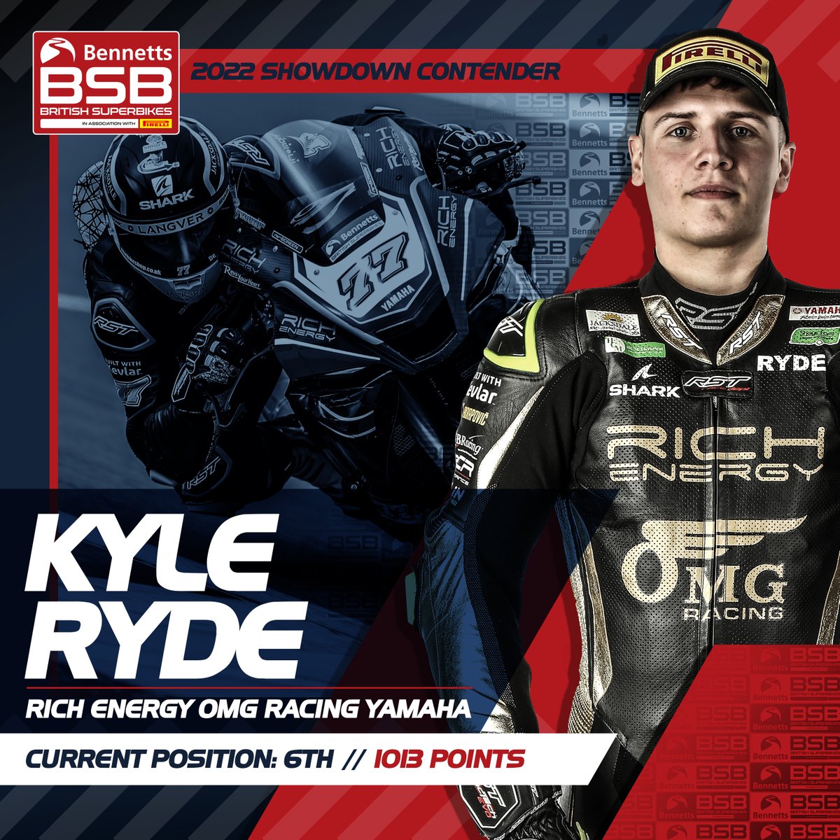 OfficialBSB's tweet photo. 🔴COUNTDOWN TO THE SHOWDOWN🔴

It's a first @bennetts_bike #BSBShowdown appearance coming up for @kyleryde

The @OMGRacingUK rider was last to confirm his Title Fighter status, starting #OultonBSB sixth in the standings as the final title fight begins

🎟️ https://t.co/I3oRRyfVKC https://t.co/5zkFoM3TkN