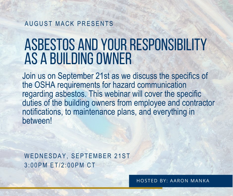 Join us on September 21st as we discuss specific OSHA requirements for hazard communication regarding asbestos!

Register Here ➡️ ow.ly/ox9t50KNmHC

#Asbestos #OSHA #Environmental #Responsibilities #Webinar