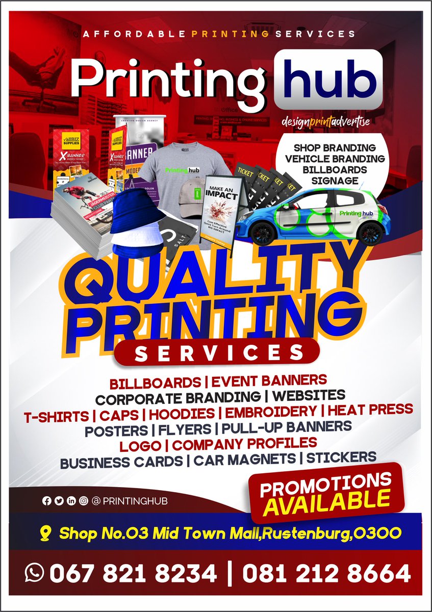 printinghubZA's tweet photo. @drmalinga We design, print and advertise. 

We are based in Rustenburg, NW. 

0678218234 https://t.co/ewP5ke0PDB