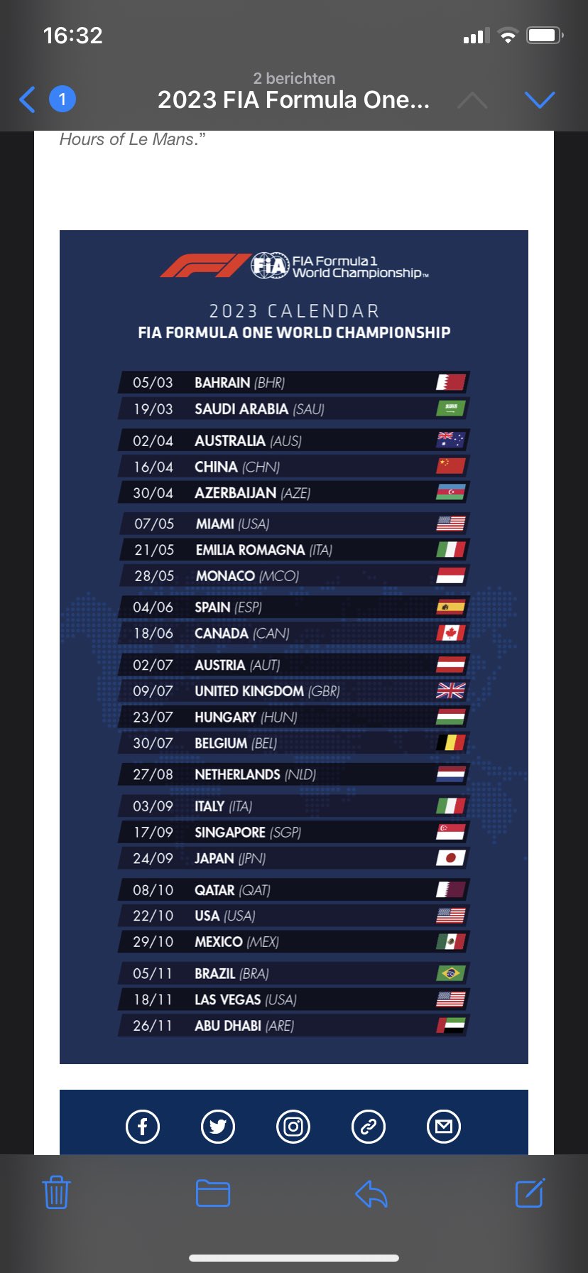 eindpunt Antagonist Buskruit Erik van Haren on Twitter: "Formule 1-kalender 2023 definitief. Met de data  zoals eerder gemeld. Kunnen nog 23 ipv 24 races worden als China niet  doorgaat in april. #F1 https://t.co/jeeIWGve7L" / Twitter