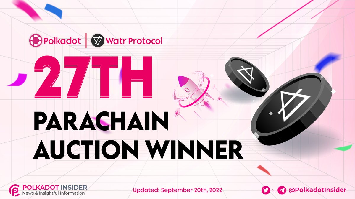 PolkadotInsider's tweet photo. CONGRATULATIONS 👏💐
@WatrProtocol, a blockchain protocol and open dApp ecosystem for transparency in real-world assets, their financing, and trade.
👏 @WatrProtocol officially won #27 PARACHAIN AUCTION.
#WatrProtocol #Polkadot #DOT #Parachain https://t.co/RCwLhD7a4n