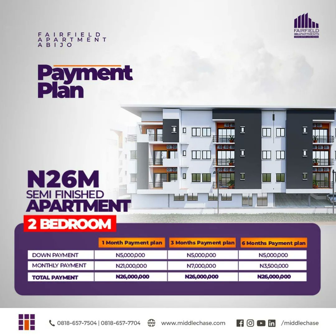 IamMiddlechase's tweet photo. Within 6 months you can finish the payment for your 2 bedroom apartments.
Start with an initial deposit of N5 million and spread the balance like you spread butter on your bread.
Send a DM (2 Bed) to get started now.
#Middlechase
#FairfieldbyMiddlechase
#cashflow #ownyourhome https://t.co/zAWIQ597bw