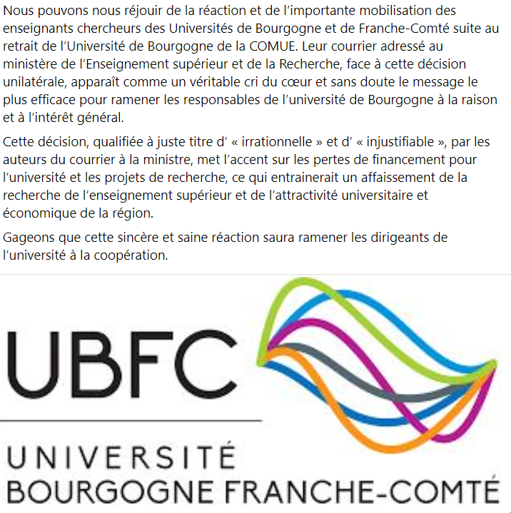 ericalauzet's tweet photo. [COMUE] Je salue la mobilisation des enseignants-chercheurs des Universités de Bourgogne et de Franche-Comté ! #COMUE #UBFC #UFC #UB https://t.co/2i30iTnPXC