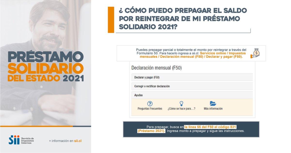 SII_Chile's tweet photo. [PRÉSTAMO SOLIDARIO 2021]: Infórmate aquí cómo puedes prepagar parcial o totalmente este beneficio. Sigue las instrucciones en: https://t.co/t6VbSgwYHe https://t.co/Ug5shI6SNH