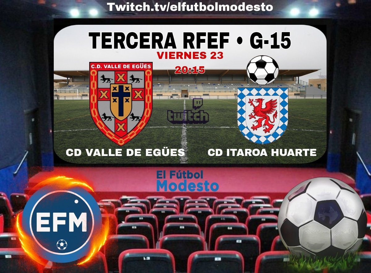 ...Y si hay que ir un viernes, a Navarra, a retransmitir la Tercera RFEF; pues vamos un viernes a Navarra a retransmitirla.
Partidazo en el campo municipal de Sarriguren!
<a href="/AUPAEGUES/">C.D. VALLE DE EGÜÉS FUTBOL</a> vs @CDItaroaHuarte 
En directo, en nuestro canal de Twitch!
Twitch.tv/elfutbolmodesto