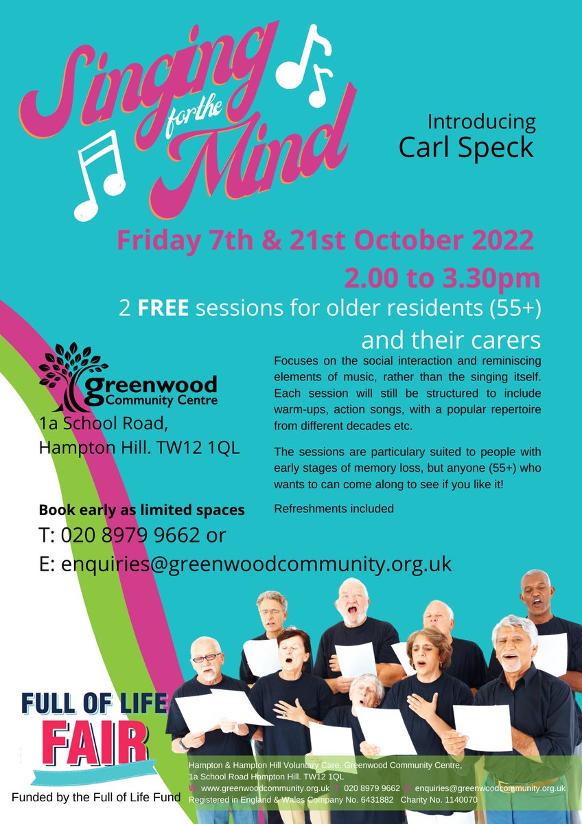 Carl Speck Music (@carlspeckmusic) on Twitter photo Singing for the Mind is coming to <a href="/GCC_HamptonHill/">Greenwood Community Centre</a> #HamptonHill in October! Join some fun and relaxed #singing in an environment suited to those affected by #dementia. Guaranteed to make you #feelgood! <a href="/hhilltheatre/">Hampton Hill Theatre</a> <a href="/LoveHamptonHill/">Love Hampton Hill</a> <a href="/HamptHillAssoc/">HamptonHillAssociation</a> <a href="/AgeUKRichmond/">Age UK Richmond upon Thames</a> @HounslowMusic Singing for the Mind is coming to <a href="/GCC_HamptonHill/">Greenwood Community Centre</a> #HamptonHill in October! Join some fun and relaxed #singing in an environment suited to those affected by #dementia. Guaranteed to make you #feelgood! <a href="/hhilltheatre/">Hampton Hill Theatre</a> <a href="/LoveHamptonHill/">Love Hampton Hill</a> <a href="/HamptHillAssoc/">HamptonHillAssociation</a> <a href="/AgeUKRichmond/">Age UK Richmond upon Thames</a> @HounslowMusic