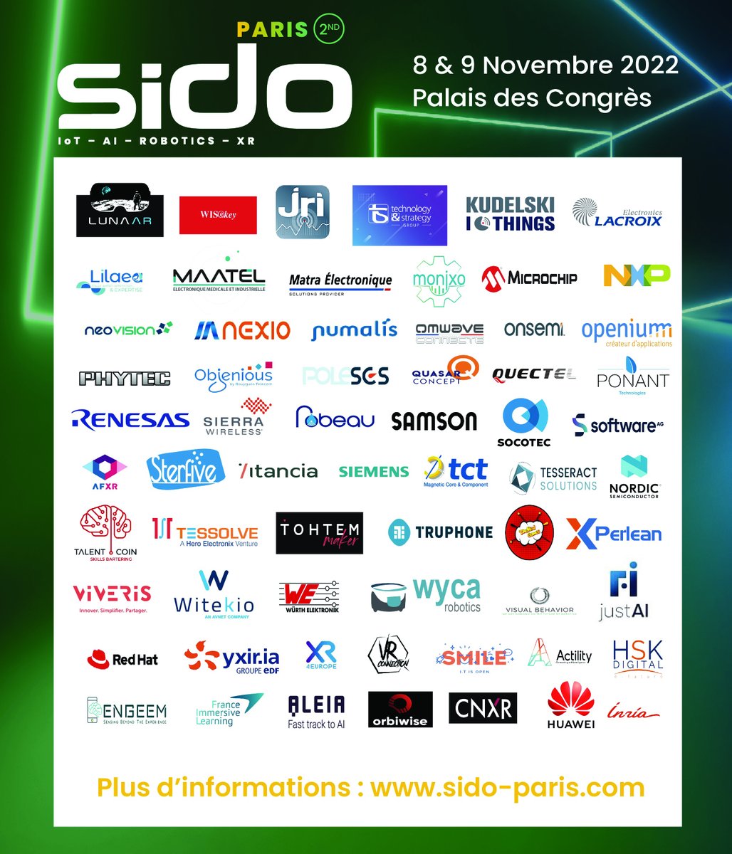 Sido_Paris's tweet photo. 📣 𝗜𝗟𝗦 𝗦𝗘𝗥𝗢𝗡𝗧 𝗔𝗨 𝗦𝗜𝗗𝗢 𝗣𝗔𝗥𝗜𝗦
Le #SIDO2022 à Paris accueille 𝟭𝟴𝟬 𝗲𝘅𝗽𝗼𝘀𝗮𝗻𝘁𝘀 🚀🤖
🤝 Venez rencontrer vos futurs #partenaires technologiques et découvrir leurs innovations #IoT, #IA, #XR et #Robotique 
📆 8-9 nov 2022
✅https://t.co/0fxURGfDIs https://t.co/tlj2GachuH