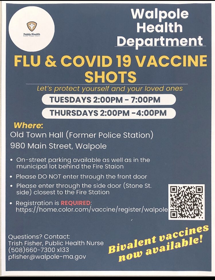 WalpoleNurse's tweet photo. FLU VACCINES for ages 4 and up (including high dose for 65+) available as well as Moderna &amp; Pfizer Bivalent BOOSTERS! 
Registration required https://t.co/w1dPs6iCME https://t.co/qnvd5PIPBT