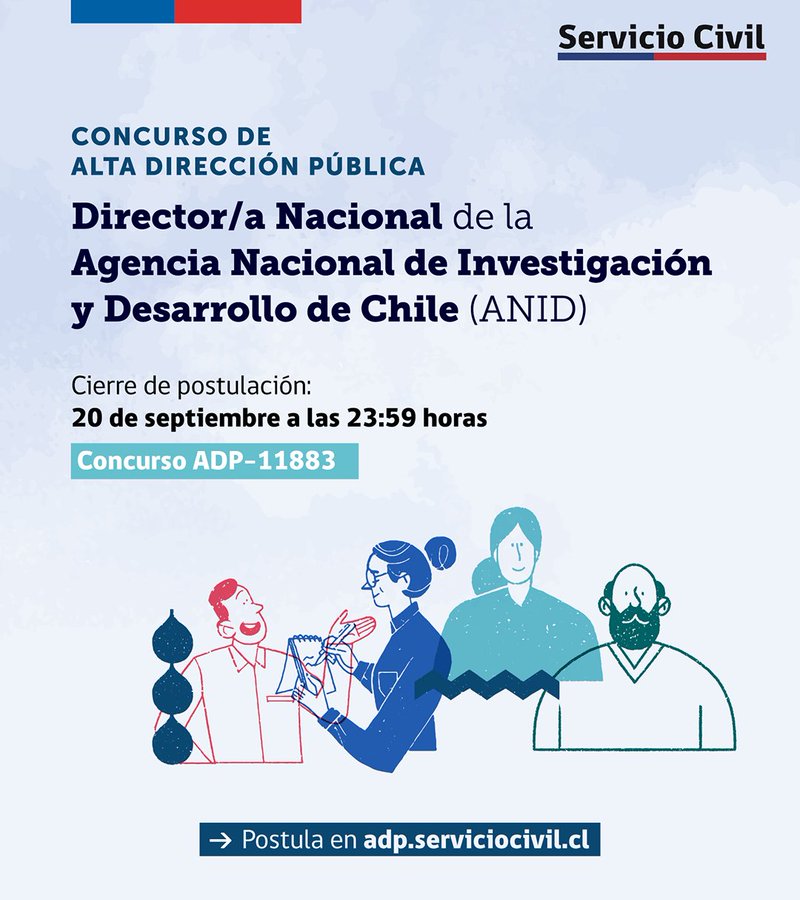 ANID_Chile's tweet image. ¡Atención! Hasta el próximo lunes 26 de septiembre se extendió el plazo para postular al cargo de Directora o Director Nacional de la Agencia Nacional de Investigación y Desarrollo #ANID.
Las postulaciones a la Alta Dirección Pública se reciben en: adp.serviciocivil.cl/concursos-spl/…