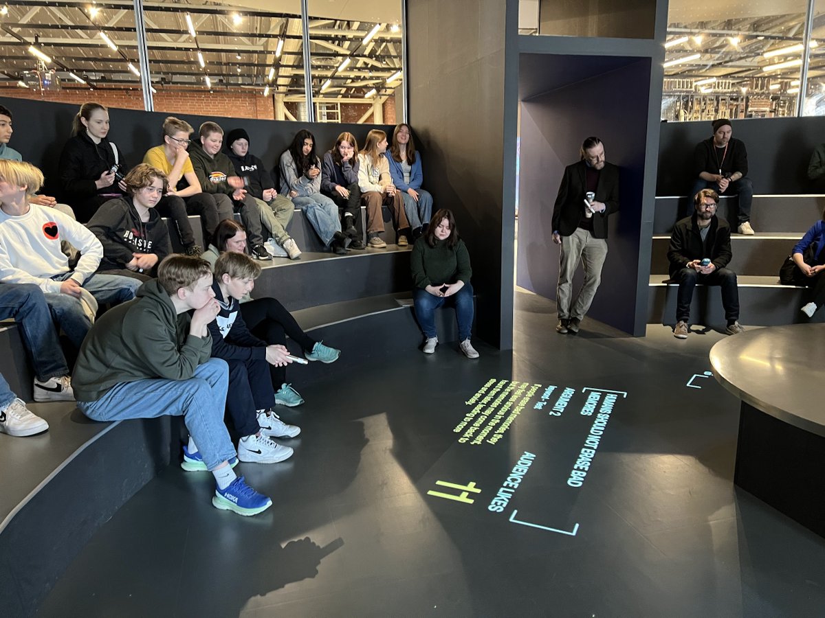 codepoet127's tweet image. Our AI Debater theatre installation in the Oslo @TekniskMuseum is having fun debating topics chosen by the audience while they learn about what GPT3 and other language processing models can do!