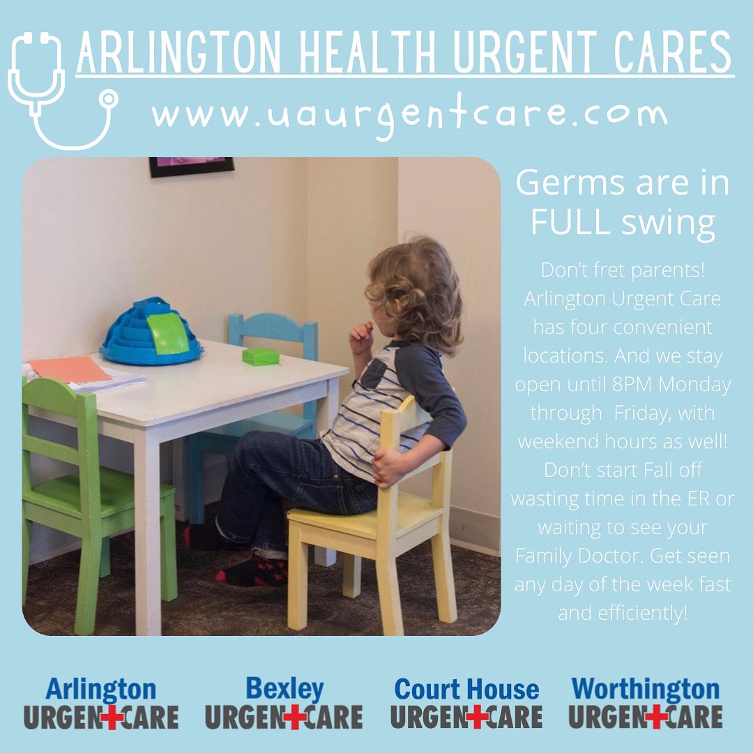School is in full swing, so are GERMS!

Don’t fret parents! Arlington #UrgentCare Group has 4 convenient locations. We stay open until 8PM Mon-Fri with weekend hours.

Don’t start Fall off wasting time in the ER or waiting to see your PCP.

uaurgentcare.com

#ColumbusOhio