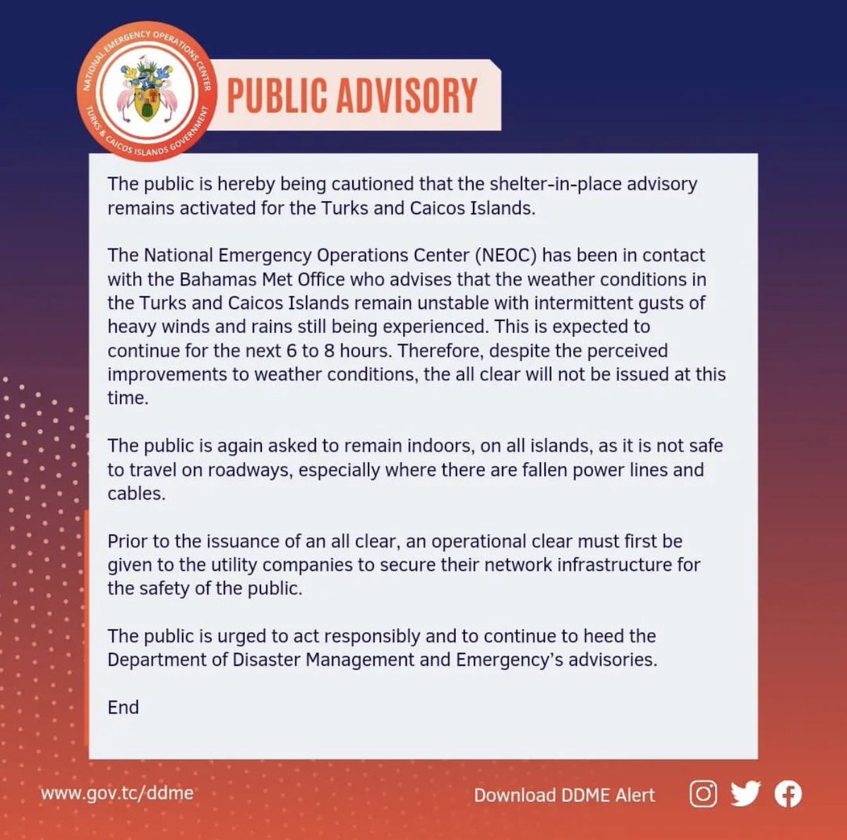 We’ve still got a ways to go! The NEOC reminds everyone that the shelter-in-place order is still in effect as weather conditions remain unstable.

#turksandcaicos #hurricanefiona #hurricanealert #inthistogether