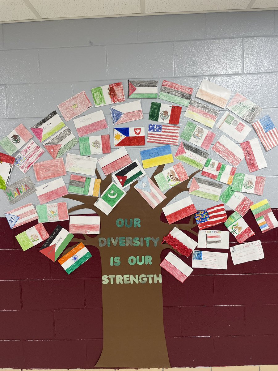 MrsPtaszek's tweet photo. “Our Diversity is Our Strength”         BV Kindergarten students and their families have worked hard to show diversity in our hallway 🌏 #siop109 #bvpride #d109 @BVGoBobcats @ISD109 https://t.co/z1XWF84lCm