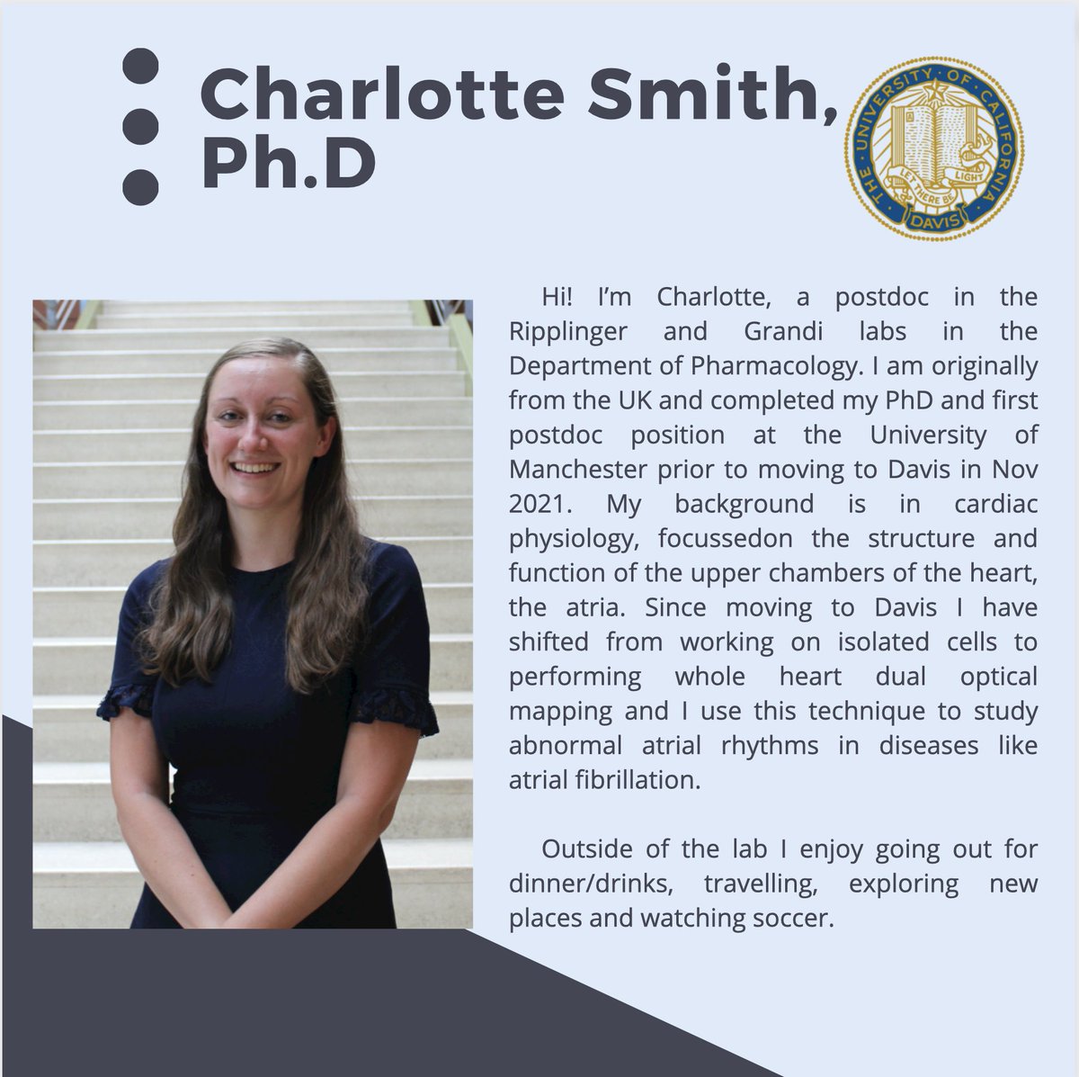Meet our team! 
In this sequence of posts, we are getting to know the 2022-2023 PSA board! UC Davis PSA
Today, we're introducing you to Dr. Charlotte Smith, our PSA Treasurer from the Department of Pharmacology
#UCDavisPostdocs #UCDPSA #meetourteam #followus