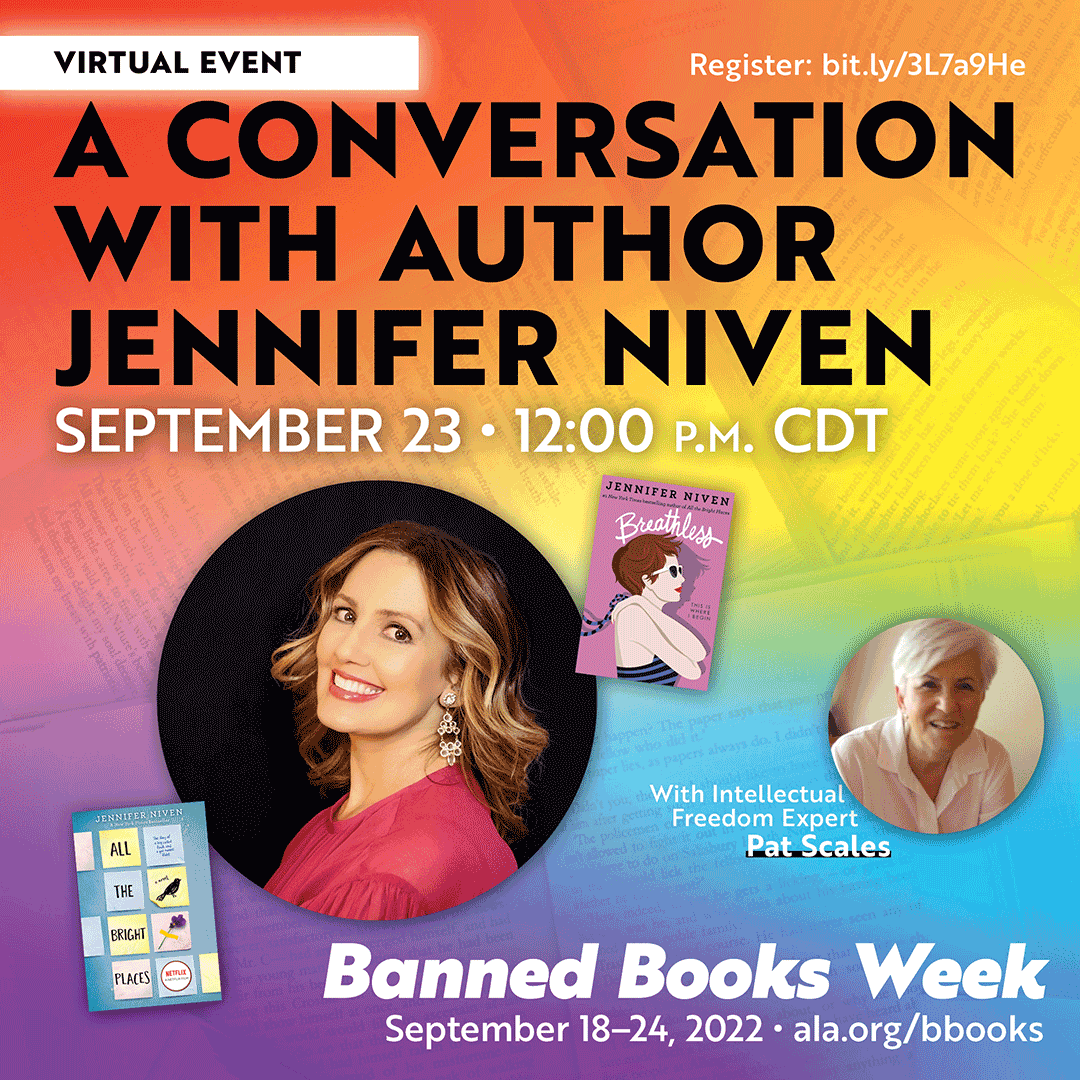 ALALibrary's tweet photo. The @jenniferniven #BannedBooksWeek event has been rescheduled to Friday, September 23 at noon CT. Register here: https://t.co/nbE9BFhfQ1 https://t.co/pAtw5v9DAH