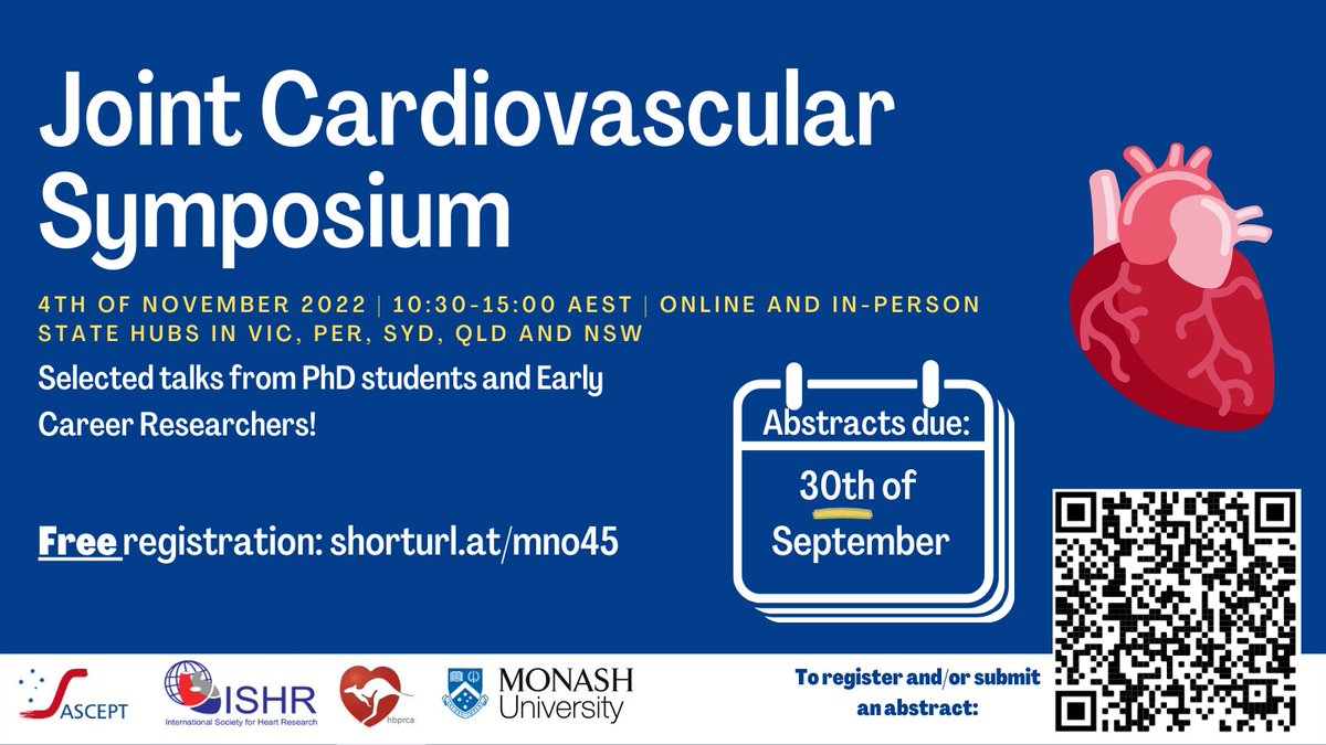The ISHR #ECI committee is proud to announce their support for the <a href="/ASCEPTanz/">ASCEPT</a> Joint Cardiovascular Symposium! For the 1st time w/ @HBPRCA <a href="/MIPS_DDB/">MIPS DDB</a>, we're calling for ECIs &amp; #PhD student abstracts (due 30/9) for this awesome hybrid meeting (Nov 4th) with multiple in-person hubs