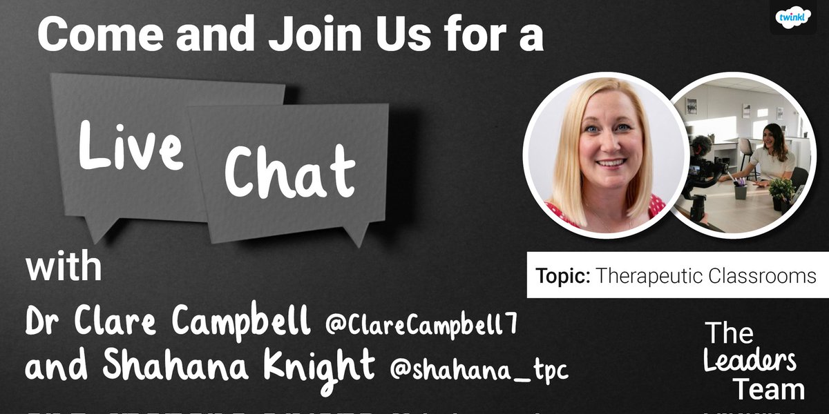 #TheLeadersTeam live chat.
8 to 9pm tomorrow.
@Shahana_tpc and @ClareCampbell7 talking therapeutic classrooms.

This is essential Twitter CPD.
#education #Teachers #therapeuticclassrooms