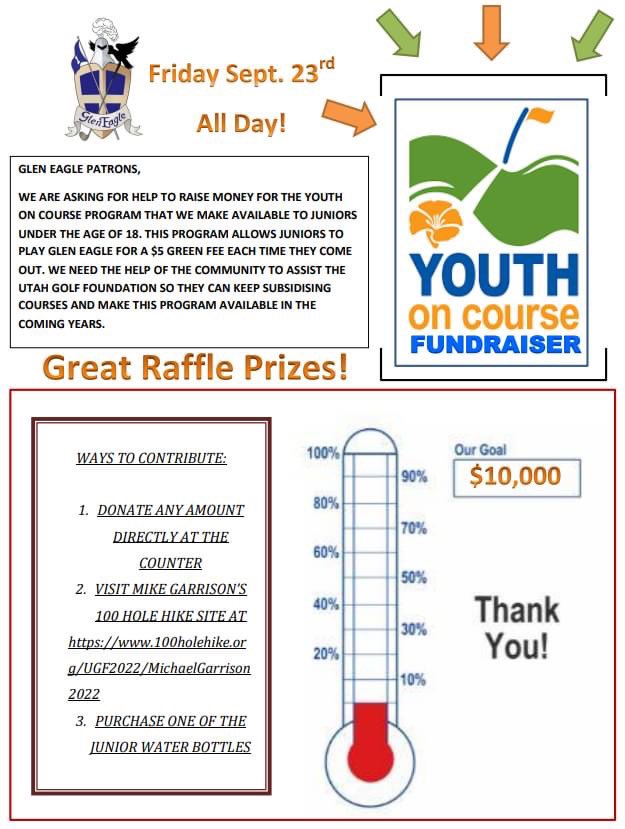 Glen Eagle is hosting a Youth on Course fundraiser this Friday, September 23rd! The donation options are listed on the flyer. You can donate to their 100 Hole Hike campaign here: 100holehike.org/UGF2022/Michae…

Thank you for your support! #utahgolf
