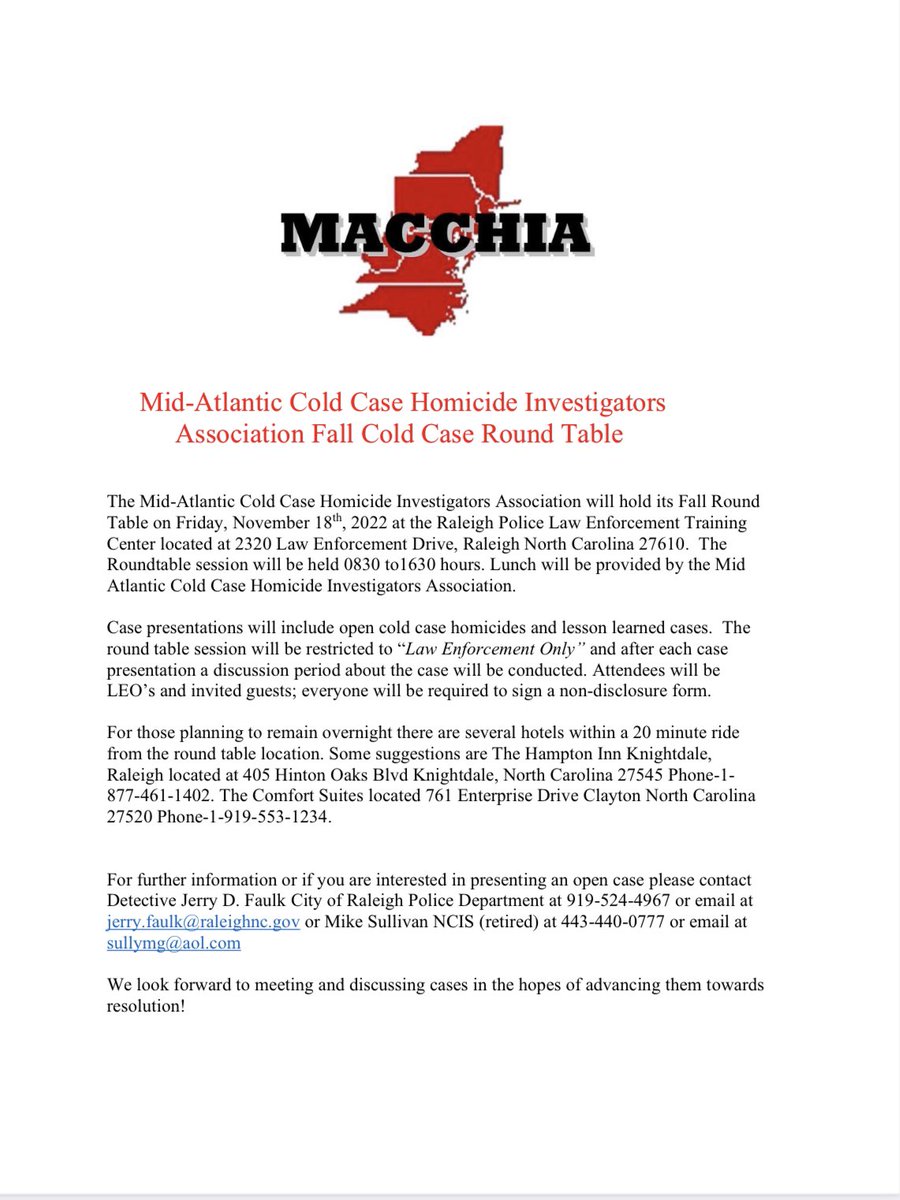 Contact us if you have an open cold case that you would like to present at the MACCHIA Fall round table session in Raleigh NC.
