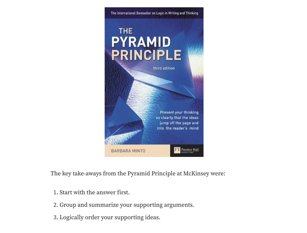 czamaru's tweet photo. 10. Use the #PyramidPrinciple, a tool used in @McKinsey as a methodology for structured communication. cc: @ameet
It's not just valuable for communicating w/ executives, but really it’s effective to communicate w/ anyone you wish to persuade.
https://t.co/xE1whlmDer https://t.co/eoVsLECA7t
