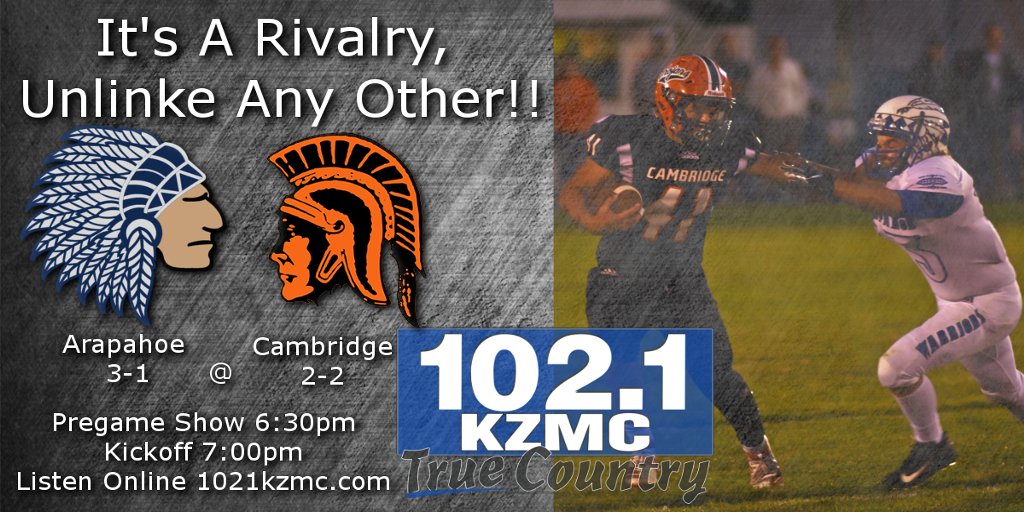 🏈Rivalry Football!!🏈
📻102.1 True Country
💻1021kzmc.com
📱True Country Mobile App
📍Cambridge, NE
<a href="/CPSTrojans/">Cambridge PS NE</a>
<a href="/WarriorsCoachK/">Dustin Kronhofman</a>
<a href="/RiceCatlin/">Catlin Rice</a>
<a href="/APSNE_Events/">Arapahoe-Holbrook Public School (NE)</a>
#nebpreps
