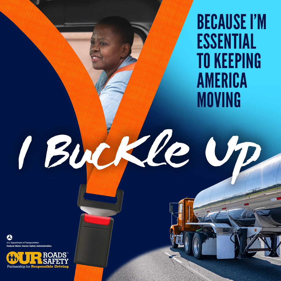 FMCSA's tweet photo. You play a critical role in keeping America’s supply chain moving. Stay safe and always buckle up. Learn more about our new campaign and remind others to buckle up every time: https://t.co/cs3HLArmVT #OurRoads #YIBuckleUp https://t.co/F1CXCtCjEK