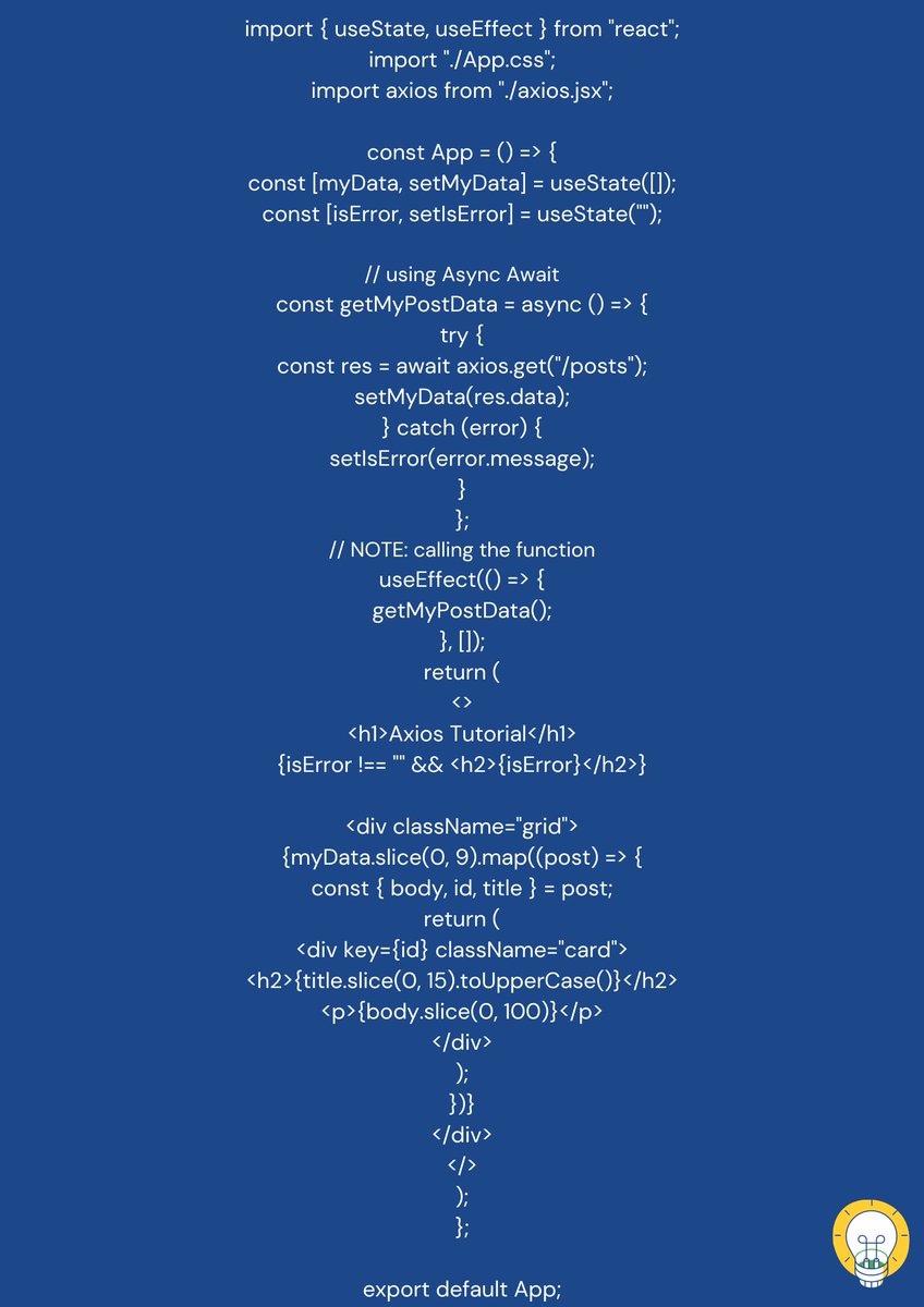 sona_jais1's tweet image. The best way to write Axios in reacts app is by creating an axios.js file and adding the below code and then simply importing the Axios from this file and passing only the string for which you want data.
#webdevelolment