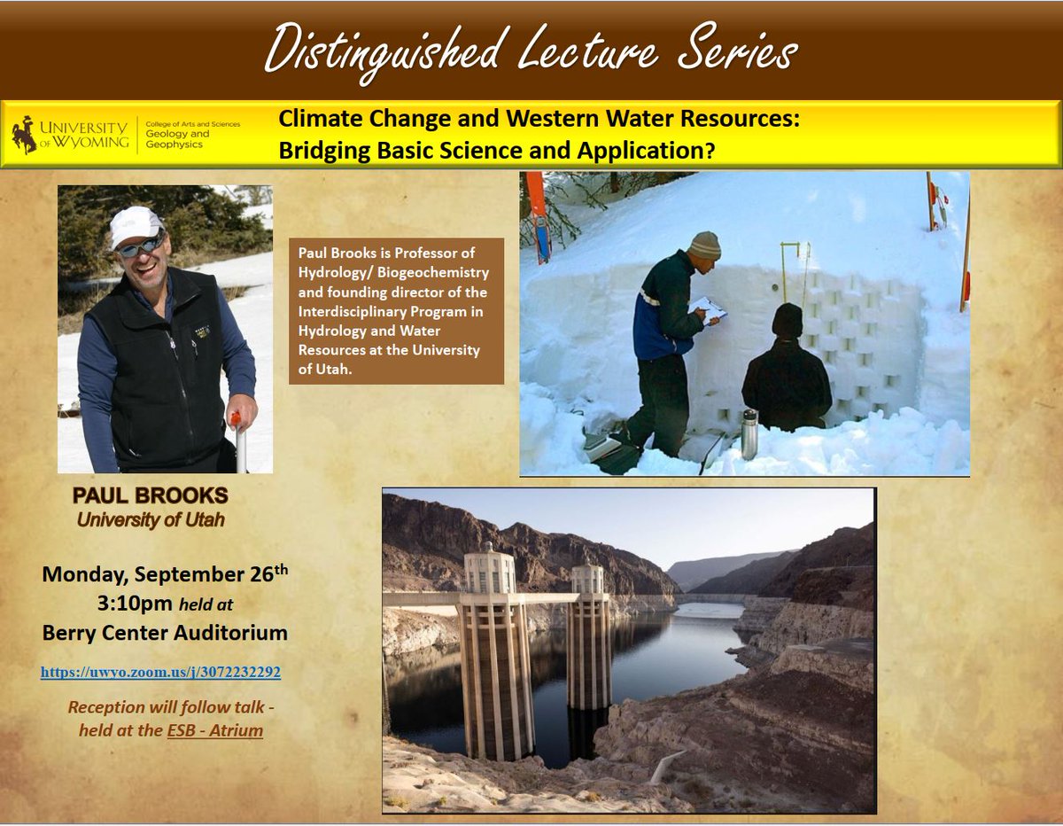 Please join us for DLS, on Monday 9/26 3:10pm in the Berry Center Auditorium for a talk by Dr. Paul Brooks titled: "Climate Change and Western Water Resources:
Bridging Basic Science and Application?" #UWGG_DLS