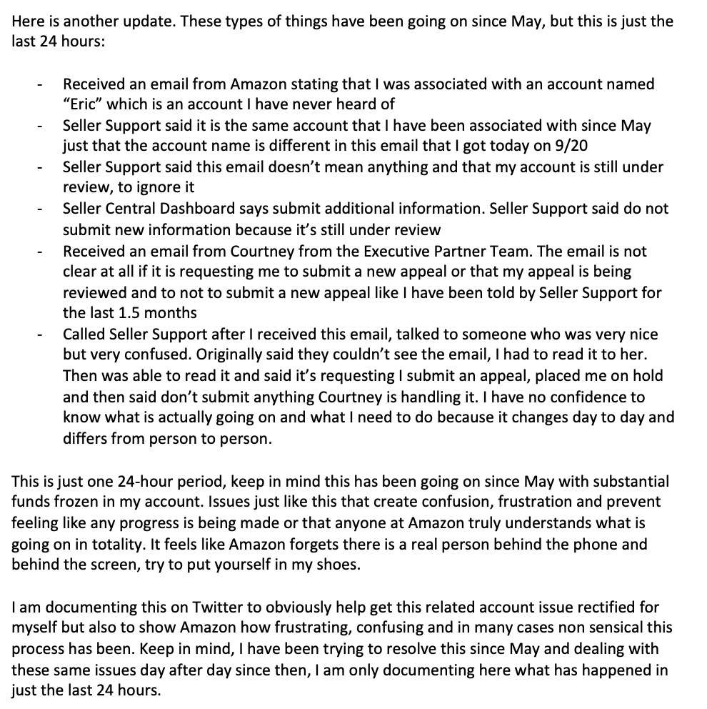 jkmazzarella's tweet photo. @dharmeshmehta @Venuseswilliams @AmazonASGTG @amznsellerhelp Another update - please read. This is just one 24 hour period. I am documenting here so you can get a view into how frustrating and confusing this process has been since May.  @dharmeshmehta @AmazonASGTG @amznsellerhelp https://t.co/sfWJ6P71xf
