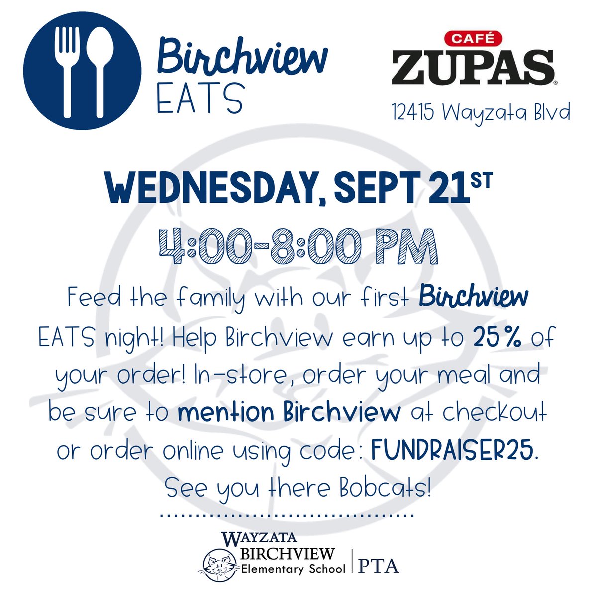 BirchviewPta's tweet photo. Dinner is taken care of tomorrow night!! See you at our first Birchview Eats, Bobcats! https://t.co/g76YylZF42
