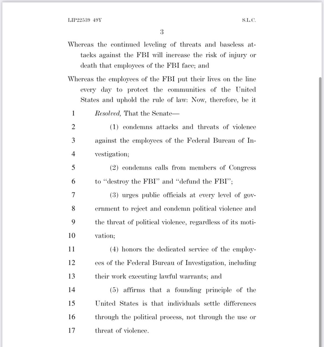 mkraju's tweet photo. With little fanfare, the Senate unanimously adopted a resolution offered by Dick Durbin that condemned threats of violence against FBI agents, singled out Trump’s reference to “vicious monsters” at FBI and said agents were searching MAL for records “owned” by the US https://t.co/UjPTUwOXkd
