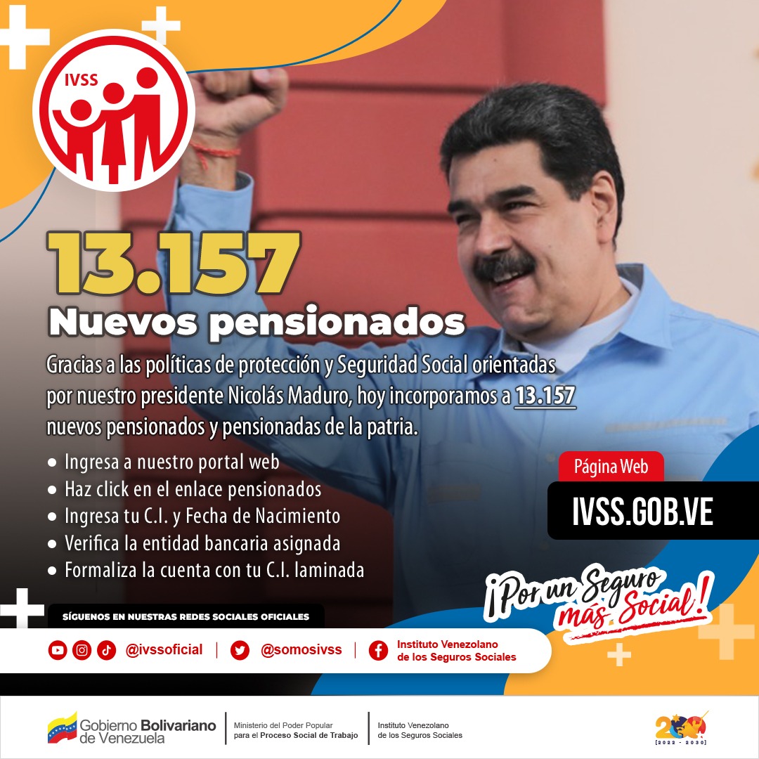 Gracias a las políticas de protección y Seguridad Social orientadas por nuestro presidente y conductor de victorias Nicolás Maduro, hoy incorporamos a 13.157 nuevos pensionados y pensionadas de la Patria.