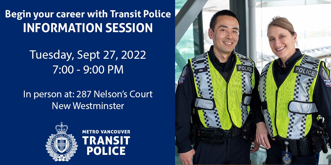TransitPoliceBC's tweet image. Registration is now open! Whether you're considering starting a  new career path in law enforcement, or you're a current police officer looking for a change, our info session will answer all of your questions about a career with Transit Police. Register: eventbrite.com/e/information-…