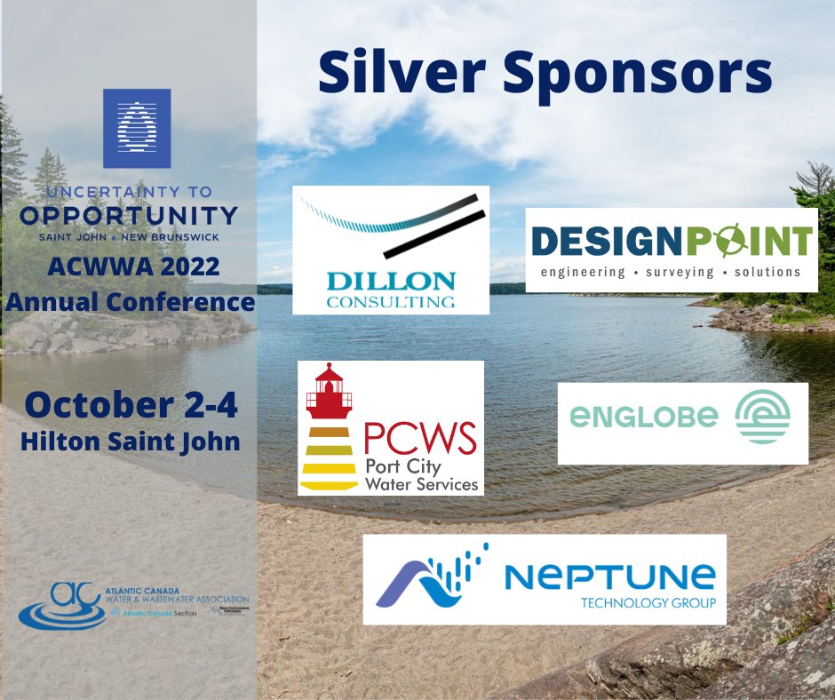 ACWWA's tweet photo. Thank you to our Silver Sponsors for the 2022 ACWWA Conference! @Consult_Dillon @DesignPointEng Port City Water Services @Englobe_corp @NeptuneTechG https://t.co/l8DiQWzeeI