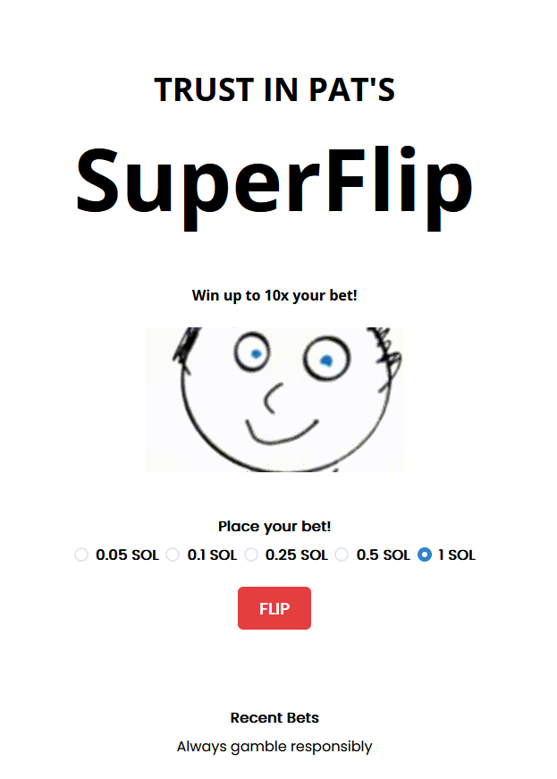 TrustInPat's tweet image. For the Tuesday evening CT friends, come try out our new game, #SuperFlip 

Forget the boring 2x coinflips, give Pat a spin 🤵 and win up to 10x. ☘️

superflip.vercel.app