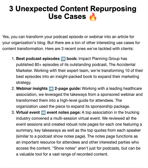 Our friend <a href="/J_Schiff/">Jaclyn Schiff</a> over at <a href="/PodReacher/">PodReacher 🎙️➡️📝</a> has some awesome examples of repurposing audio and video content 👇