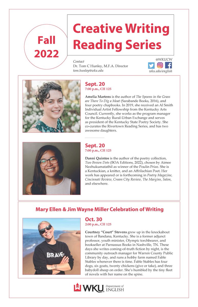 Reminder that tonight at 7 PM is the first event in the Fall 2022 Creative Writing Reading Series. Come to CH 125 to hear two acclaimed poets, Amelia Martens and Danni Quintos, read some of their works!