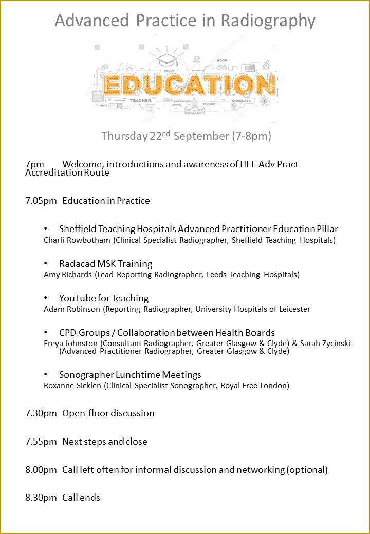 AndyCreeden's tweet photo. Reminder! - Education Pillar of Advanced Practice in Radiography session is this Thursday (7-8pm).  I've sent out a Teams link to those on the Advanced Practice mailing list but if you're not on the list or haven't received the link then please message me. https://t.co/xuebrDSPkG