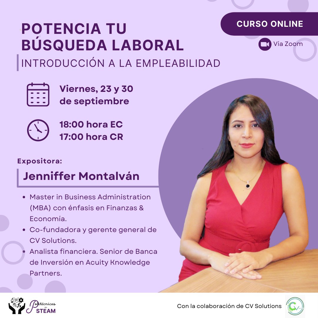 PSTEAMec's tweet photo. ¿Quieres lanzarte al mundo laboral pero no sabes por dónde empezar?🤔🚀
En conjunto con CV Solutions te traemos un curso online sobre la introducción a la empleabilidad dirigido por Jenniffer Montalván🤓
Inscríbete en el link de la descripcion👆
#MujeresSTEAM #PSTEAM #CVSolutions https://t.co/YZ7IVRXFM3