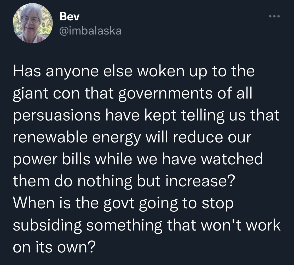 Fundamental question that Liberal, Labor, Nationals avoid:

If solar &amp; wind produce cheap energy why is govt subsidizing foreign multinationals &amp; billionaires?

Countries with high solar or wind ratio have highest power prices. Senate leader Wong could not name one that does not