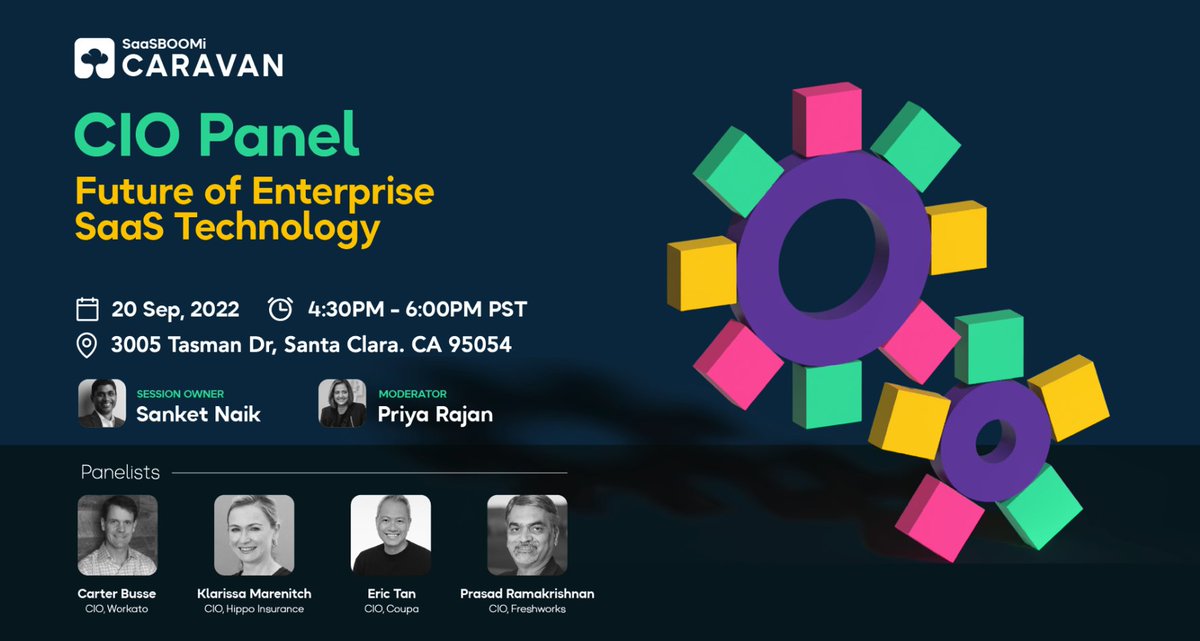 SanketNaik's tweet photo. Hosting the #SaaSBoomi CIO panel tonight with @pramki  @Freshworks, Klarissa Marenitch @hippo_insurance, @carterbusse  @Workato and Eric Tan @Coupa with Priya Rajan @ SVB moderating. https://t.co/c5tDw3sUzO