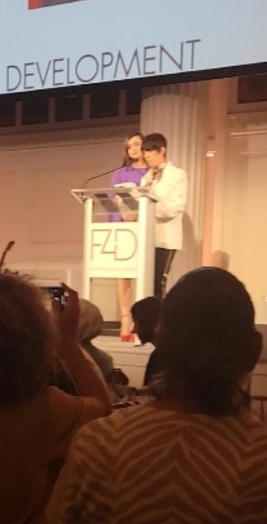 Diane_Warren's tweet photo. Sofia Carson and I just got an award for our song Applause  from the movie Tell It Like A Womanat the United Nations First Ladies Luncheon where I, ever the lady proceeded to curse in front of worldwide dignitaries@Chiaratilesi😜🌎 https://t.co/qq27dsn749