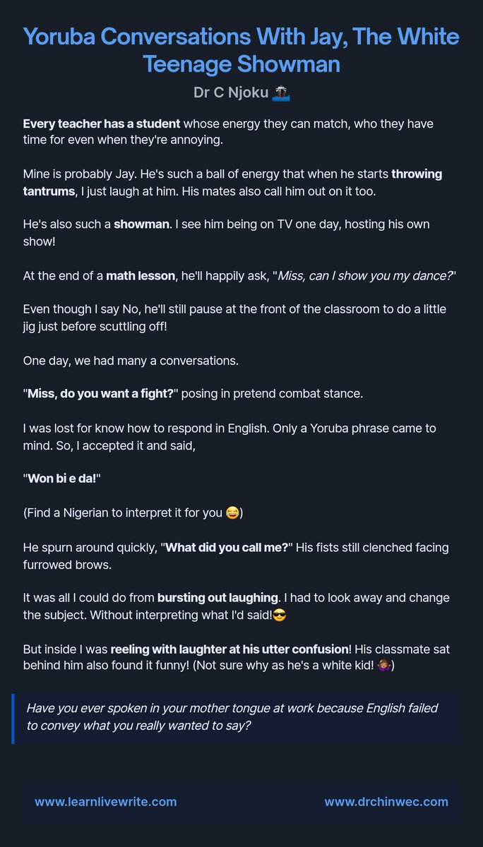 drchinwec's tweet photo. Sometimes the English language doesn't quite convey the depth of what a non-native speaker wants to really say.
Today, I got caught out by this limitation and broke into 1 of my home languages.
Here's how it went down with Jay!
#blackteachers #inedtogether #laughalittle https://t.co/8xJExG50Xy