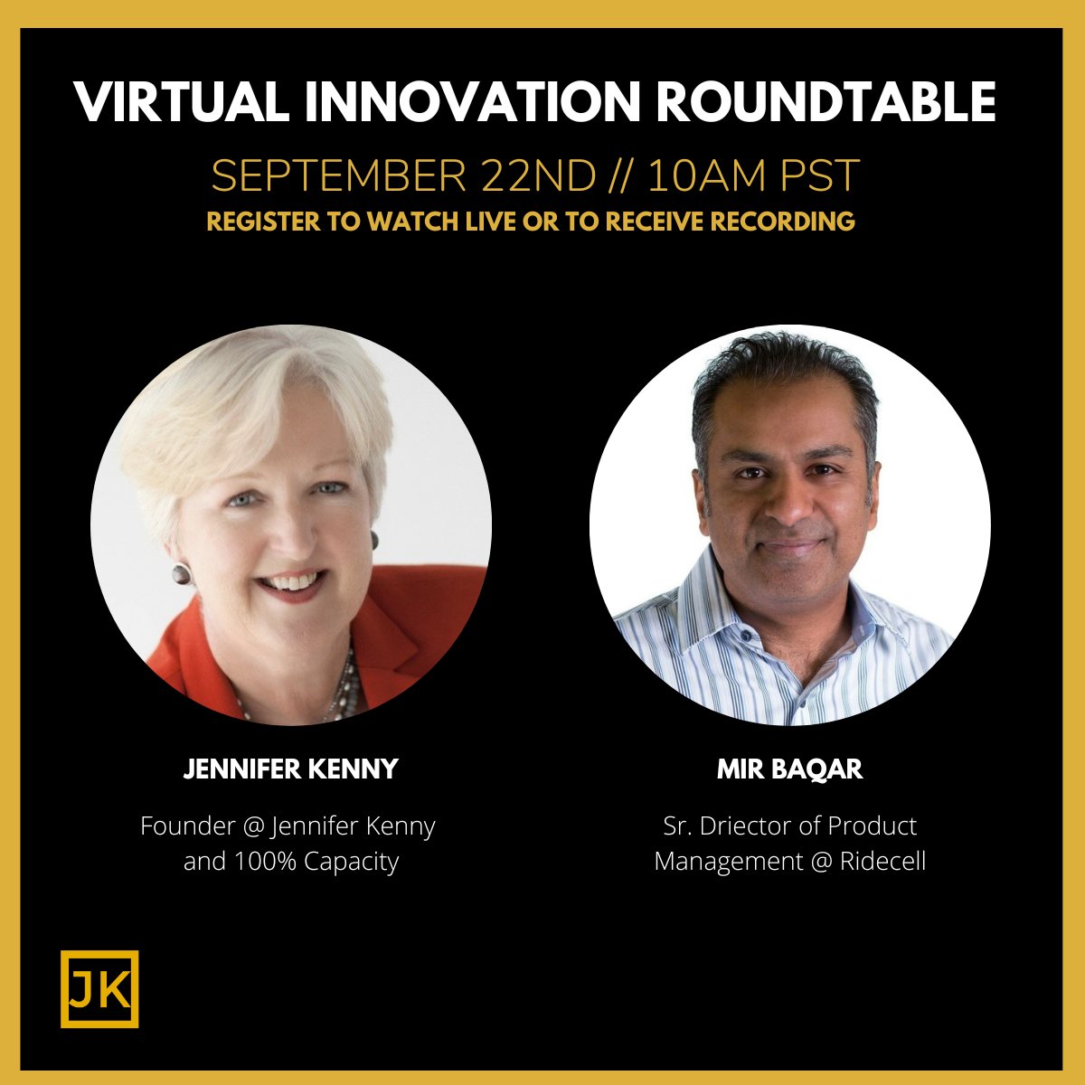 Don't forget to register for our VIRT this Thursday Sep 22 at 10am PST with the wonderful Mir Baqar from Ridecell. We'll be discussing all things #innovation 

If you can't make it don't worry > sign up &amp; you will receive the recording! 

Sign-up Link: lnkd.in/gAa6XG9w