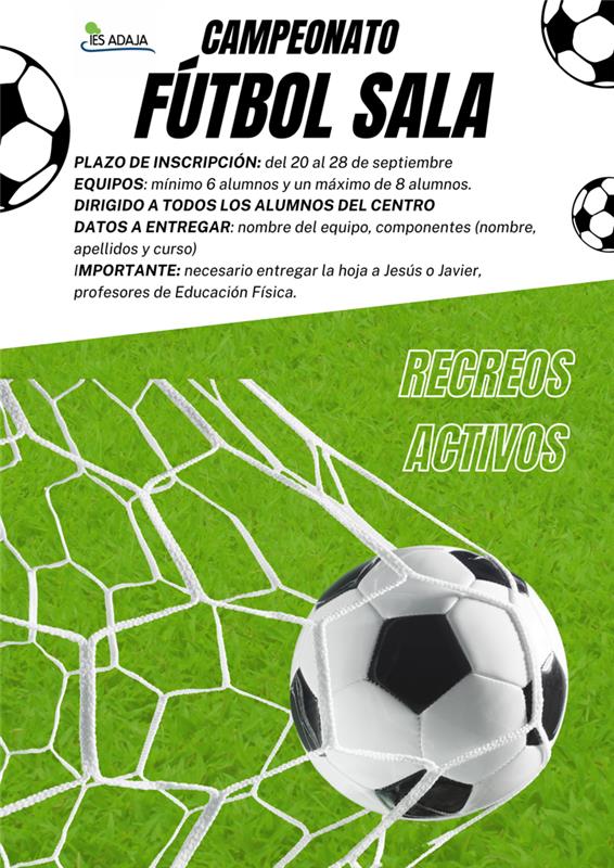 IESADAJA's tweet photo. El departamento de E.F. organiza el campeonato de fútbol sala ⚽ dentro de los recreos activos. 
Anímate y apúntate con tu equipo. ⚽️⚽️🥅. https://t.co/9r33tT7w6R