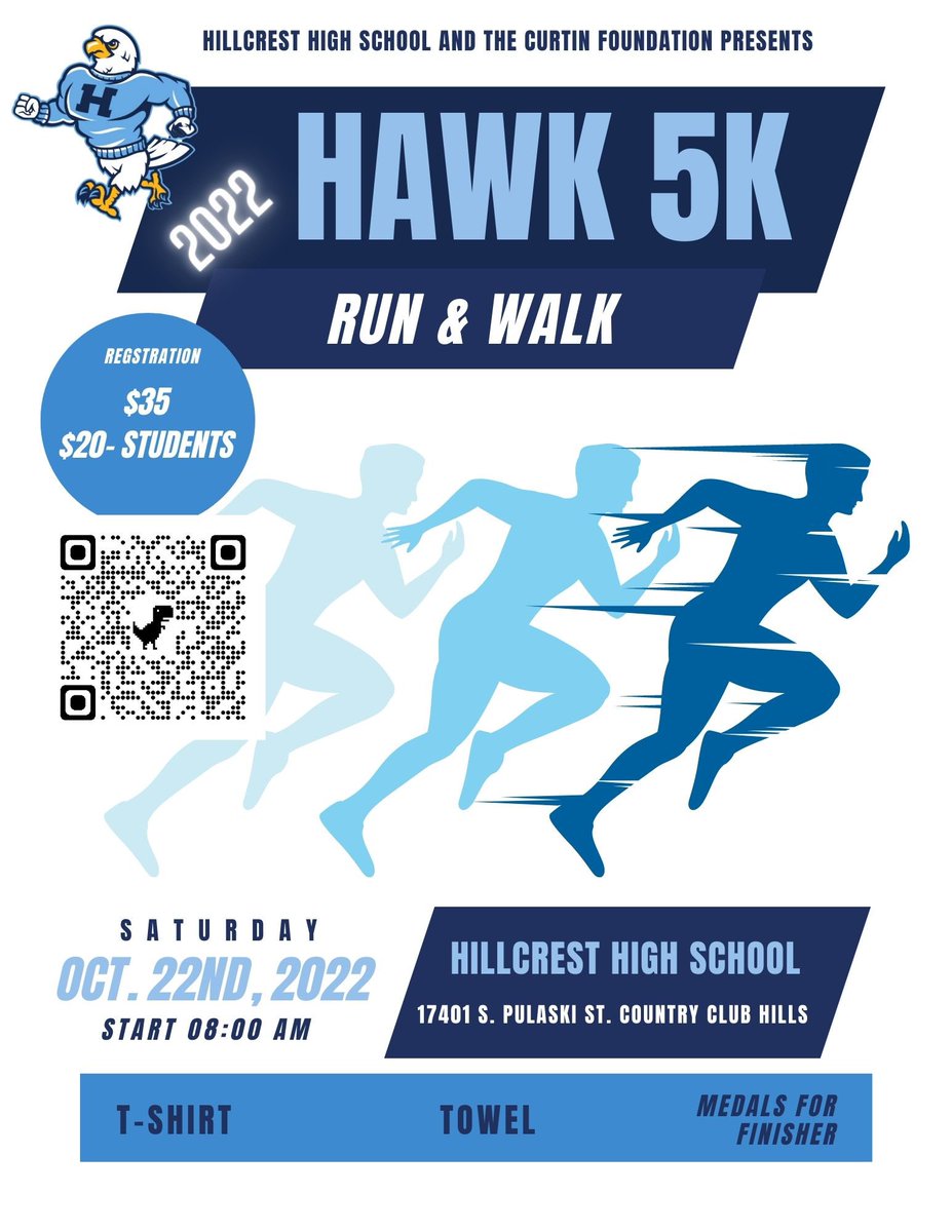 Hillcrest will be hosting a 5K run on Oct. 22nd to support scholarships for our students as well as the Curtin Foundation! Sign up using the QR code or click the link hillcresths.8to18.com #hillcresthawkpride