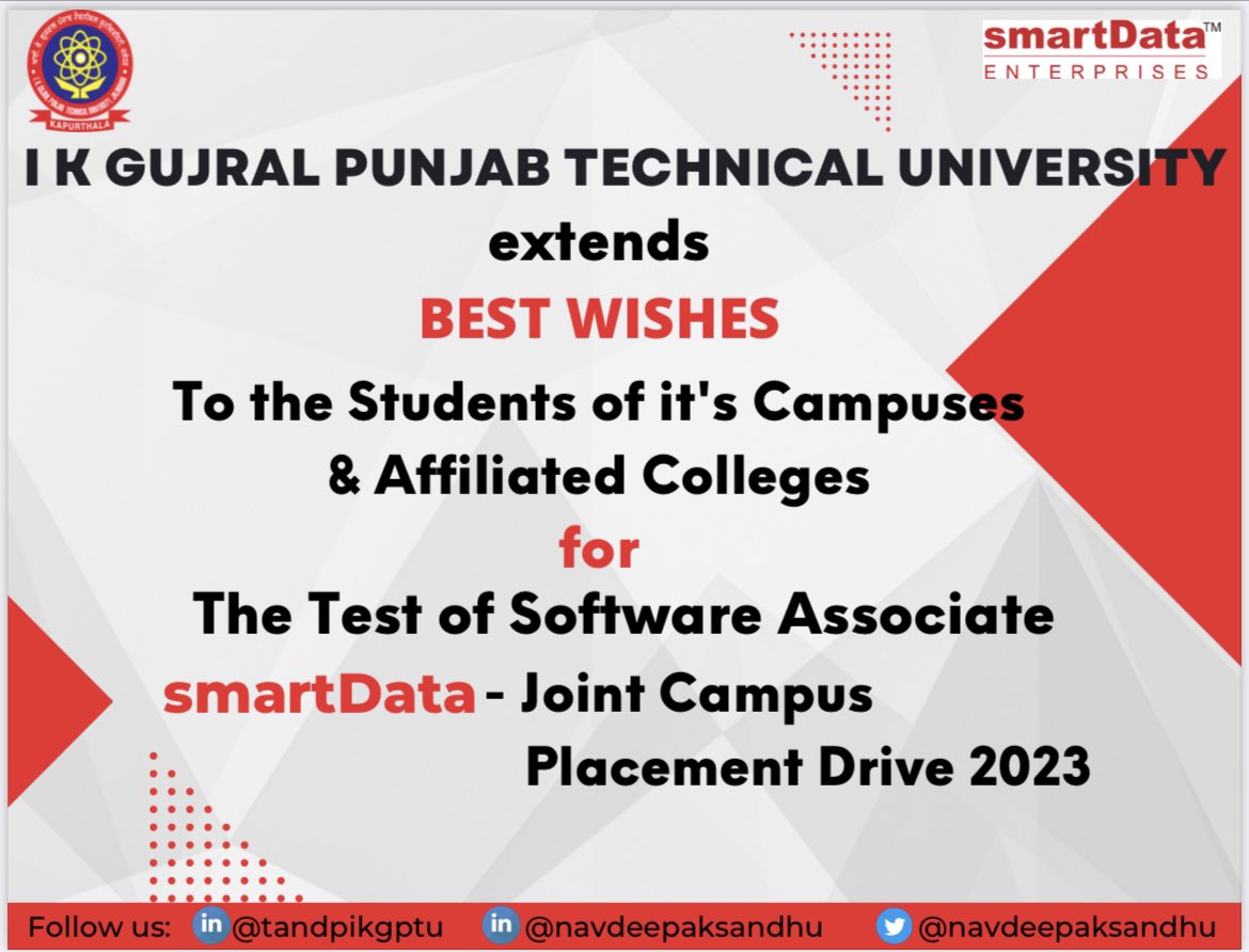 NavdeepakSandhu's tweet photo. My best wishes to all the students of @IKGujralPTU campuses &amp; affiliated colleges who are appearing tomorrow for @smartDataIncLtd - Joint Campus Placement Drive at IKG PTU Campus Mohali.

#Placements @ #IKGPTU

@PunjabGovtIndia
@tavarejay https://t.co/uWZyTL1Rgh