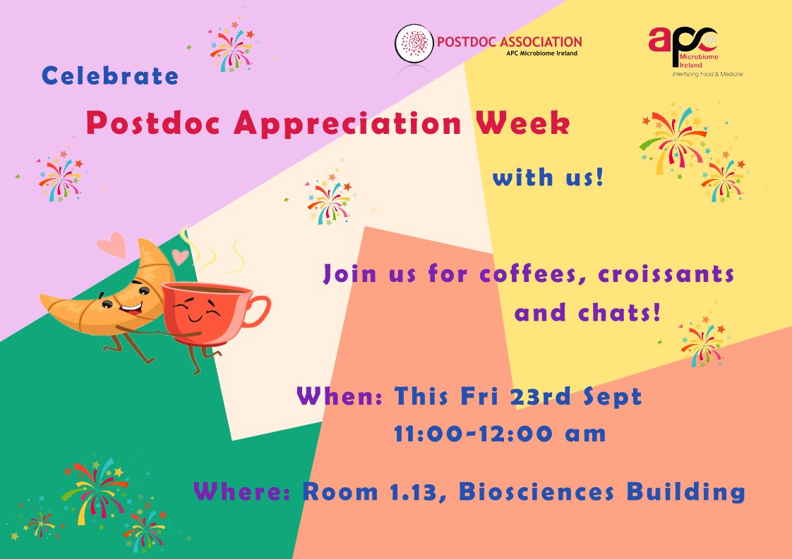 APCPostdoc's tweet photo. Join us this Friday 23rd Sept at 11 am for coffees, croissants and chats in celebration of postdoc appreciation week! See you soon in BSI 1.13 😊🎉 https://t.co/iU5nd7iYBD