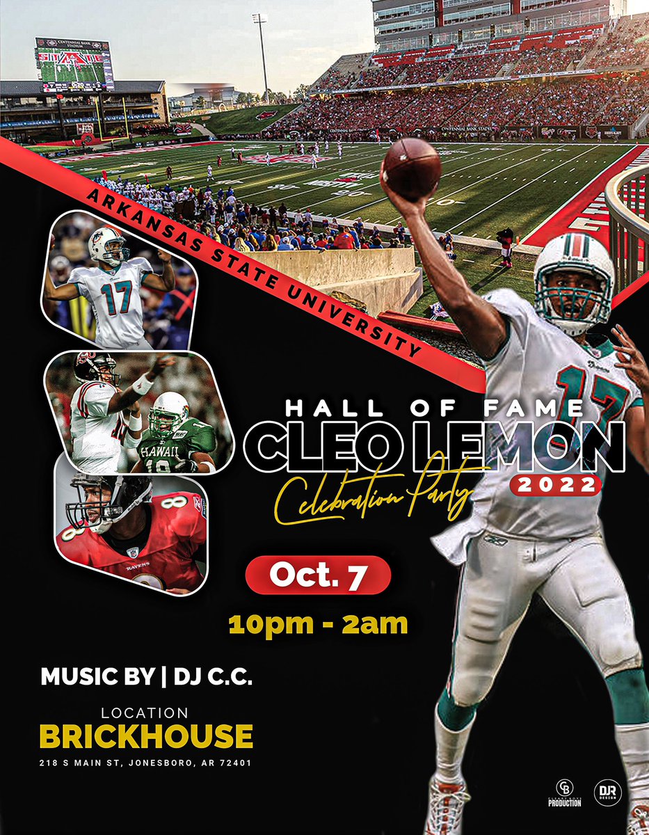 Come help us celebrate <a href="/Qb_Lemon/">Cleo Lemon</a> induction into Arkansas State Football Hall of Fame! Yours truly on the 1’s &amp; 2’s <a href="/deltajrdesign/">Delta Jr Design</a> with the graphics. #djccproductions #clearyboysproduction #halloffame #celebration #party